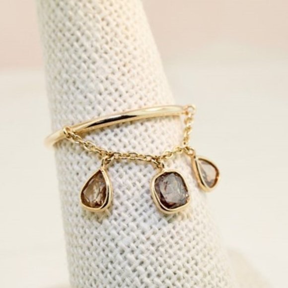 Colored Diamond Three Stone Dangling Chain Ring 14K Yellow Gold
